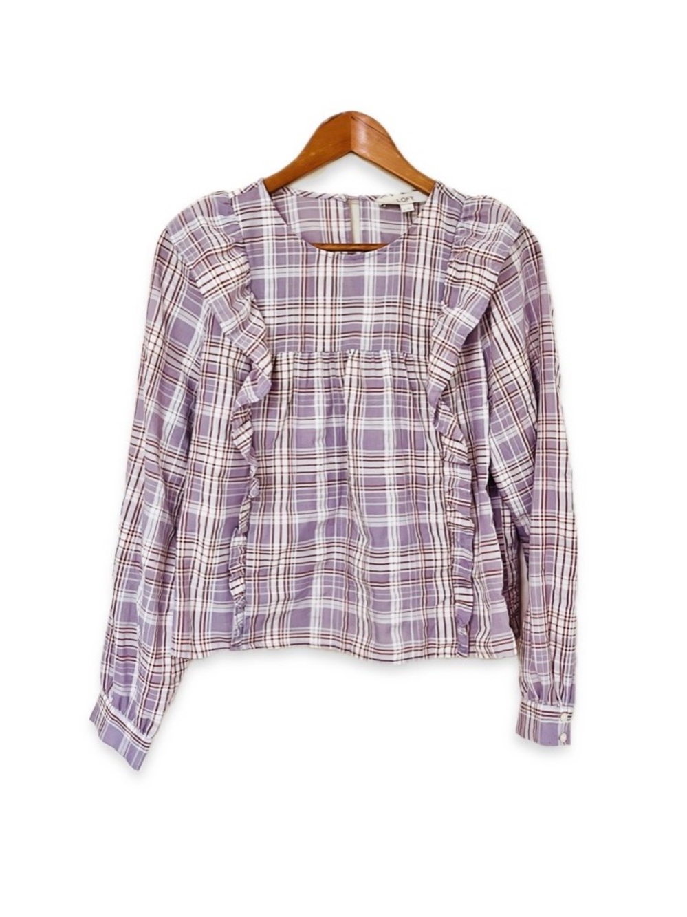 LOFT Lavender Purple Plaid Ruffle Blouse Top Long Sleeve Size M
